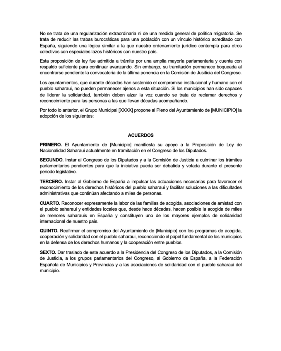 JV_ACTIVA_SH's tweet photo. Hemos enviado mociones a los 8.100 municipios de España. Mientras faltan avances a nivel estatal, los ayuntamientos siguen demostrando su cercanía y compromiso con el pueblo saharaui.

Si aún no ha llegado a tu municipio, escríbenos y te enviamos el documento. https://t.co/aPURA4ur9H