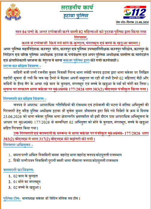 etawahpolice's tweet photo. #Etawahpolice
#Goodwork
मात्र 04 घण्टे के अन्दर टप्पेबाजी करने वाली 02 महिलाओं को इटावा पुलिस द्वारा किया गया गिरफ्तार, कब्जे से टप्पेबाजी  किये गये सोने के कुण्डल, मंगलसूत्र एवं बच्चे के खडुआ बरामद ।
SSP इटावा के निर्देशन में थाना बकेवर पुलिस द्वारा ��ी गयी कार्यवाही । https://t.co/n7chBIsgeQ