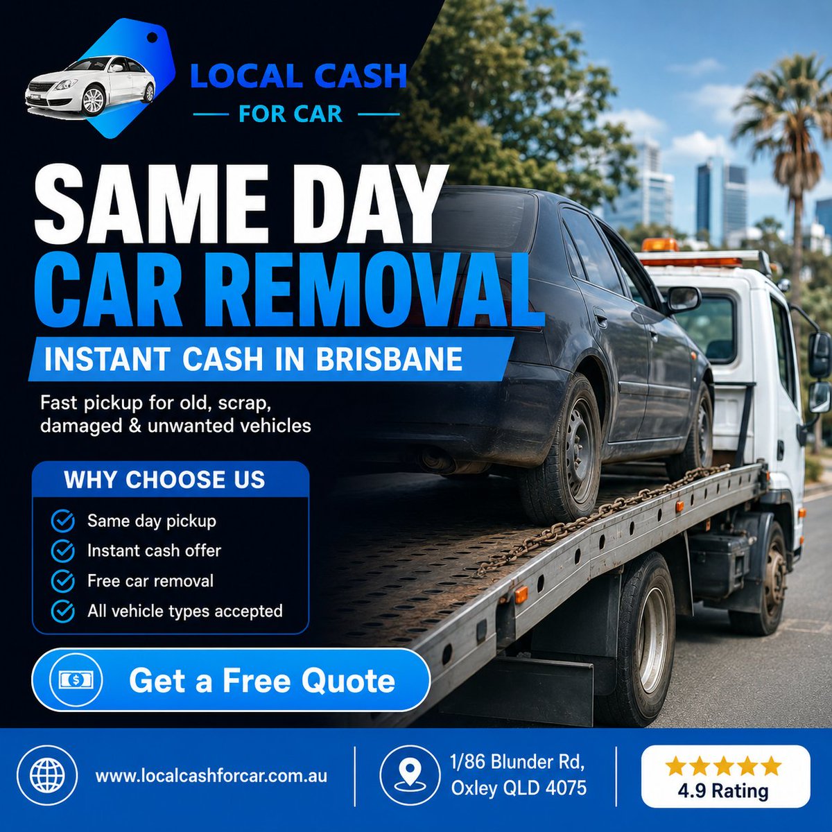LocalCashForCar's tweet photo. Need same-day car removal in Brisbane? 

Local Cash For Car removes old, damaged, scrap, unwanted, and unregistered vehicles with a quick cash offer and free pickup. Get a free quote today.

#CarRemovalBrisbane #CashForCarsBrisbane #ScrapCarRemoval https://t.co/hlNjSy1dyW
