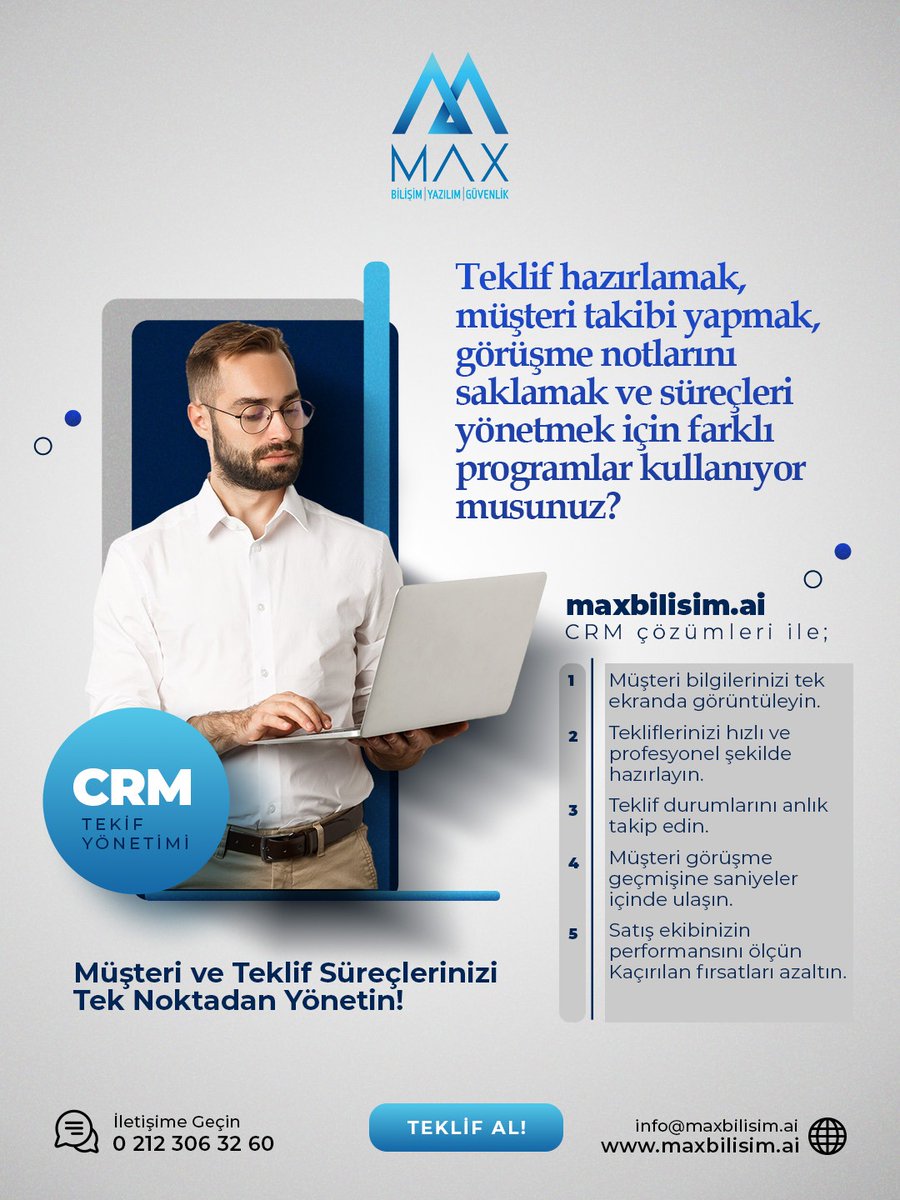 MaxBilisim's tweet photo. 📉 Müşteri ve Teklif Süreçlerinizi Tek Noktadan Yönetin

❓Teklif hazırlamak, müşteri takibi yapmak, görüşme notlarını saklamak ve süreçleri yönetmek için farklı programlar kullanıyor musunuz?

Bu dağınık yapı zaman kaybına,unutulan fırsatlara ve satış kayıplarına neden olabilir. https://t.co/wGPtO6XQr8