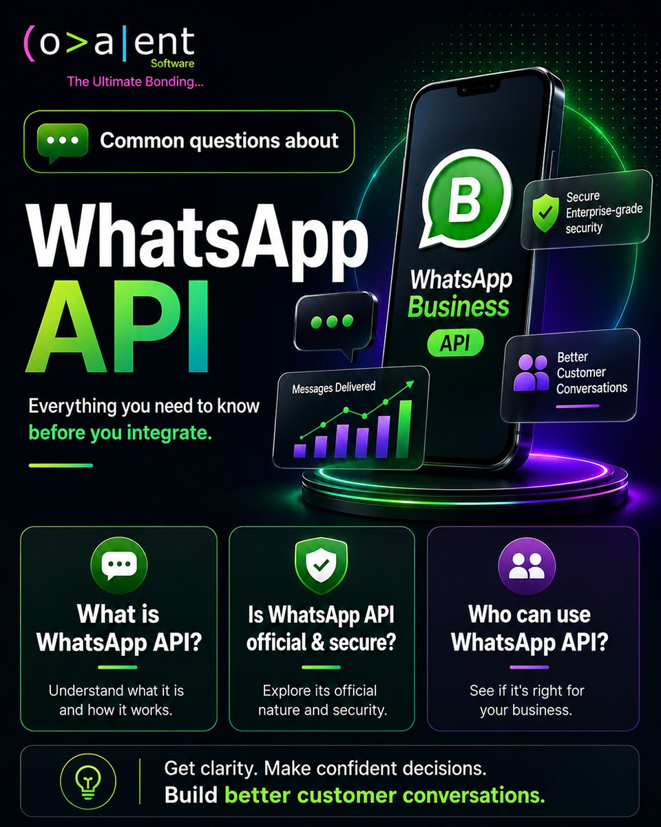 CovalentSoft's tweet photo. ❓Common Questions About WhatsApp API

Can businesses automate replies?
✔ Yes, automated responses and chat flows are supported.

Can multiple team members handle chats?
✔ Yes, WhatsApp API supports multi-user access.
#WhatsAppAPI💬 #BusinessAutomation🤖 #CovalentSoftwares🚀 https://t.co/KzYNdlFvOg
