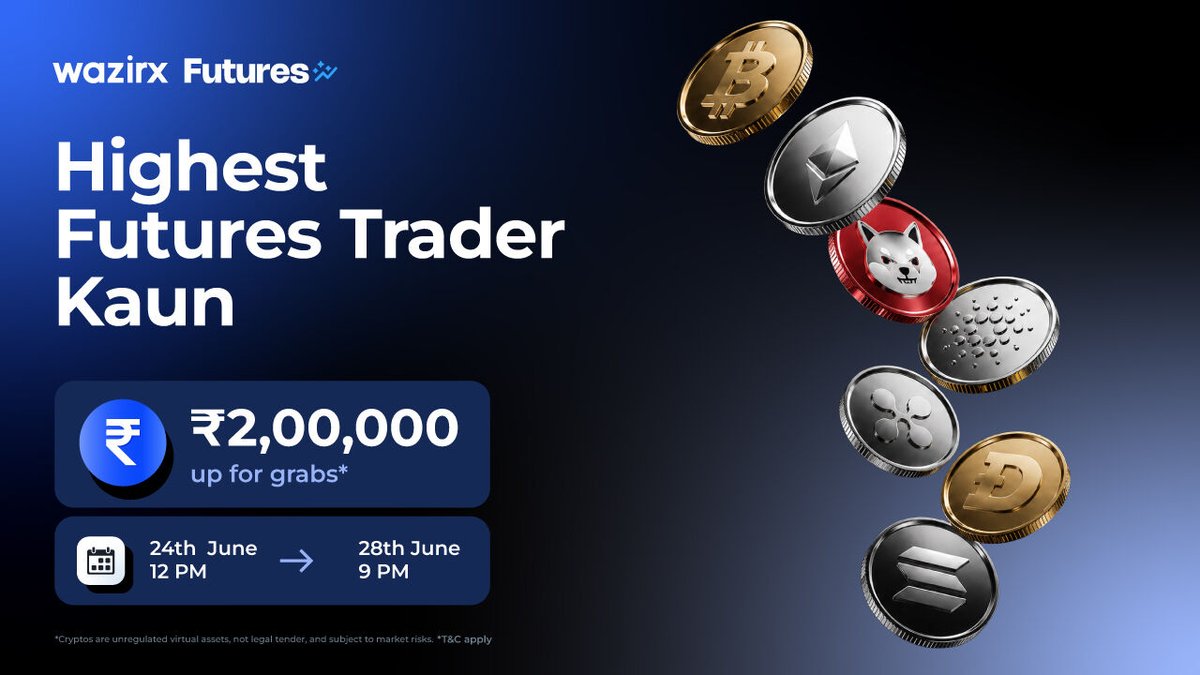 WazirXIndia's tweet photo. Round 5 of the Highest Futures Trader Kaun is here ⚡️ 

Trade any Futures pair and stand a chance to win 🎁 

🗓 Contest period: 24th June 12 PM to 28th June 9 PM IST
🤑 Reward pool: ₹2,00,000

Bonus giveaway: 5 lucky winners get ₹500 each

To participate:
1️⃣ Follow @WazirXIndia 
2️⃣ Repost this post
3️⃣ Tag 2 friends

More details 👉 https://t.co/lb9piLfpz6