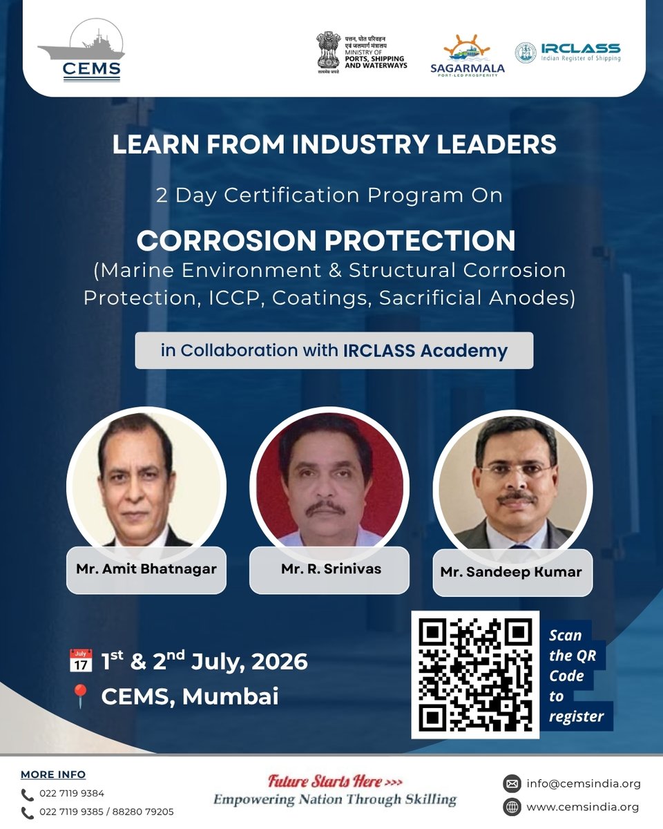 irclass's tweet photo. Only 7 days left! Register now  https://t.co/PvztQ0qn8s
Learn from industry experts specialized in Corrosion Protection. CEMS @cems_in  &amp;  @irclass  Academy invite you to join a 2-Day Certification Program on Corrosion Protection.
1-2July 2026, CEMS, Powai
#training #shipping https://t.co/ZavZDRCc7I