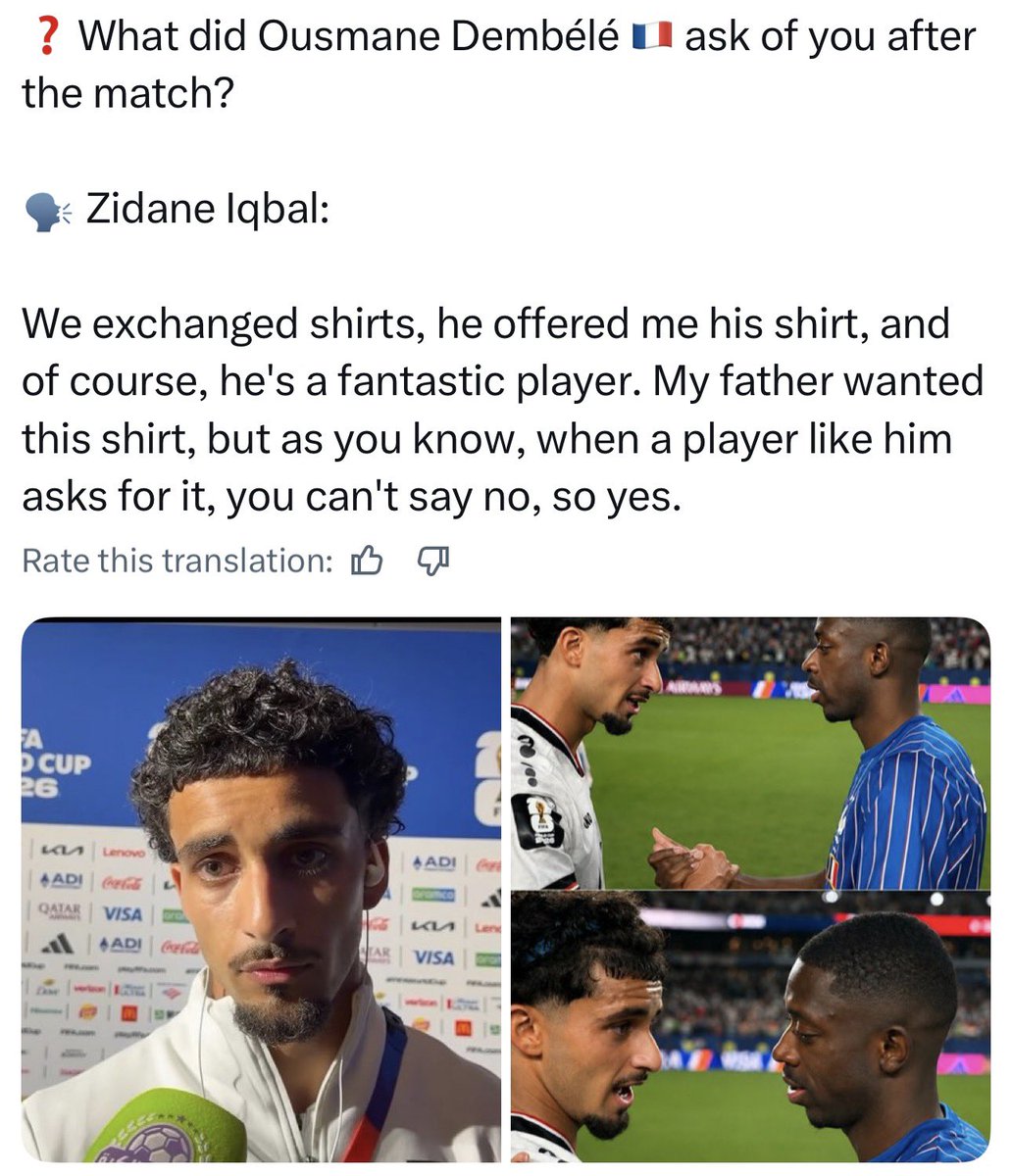 Z_OPNA's tweet photo. Say what you want about Iraq at this World Cup, but the fact that a French player wanted his shirt is a huge honor. Zidane played an amazing match, and we showed a lot of potential throughout the tournament. Yeah, we got placed in one of the toughest groups imaginable, but the fact that world-class teams had to adjust their tactics against us shows we’re not an easy team to beat. With stronger goalkeeping and better squad selection, Iraq can become an even stronger national team. 🤕🇮🇶