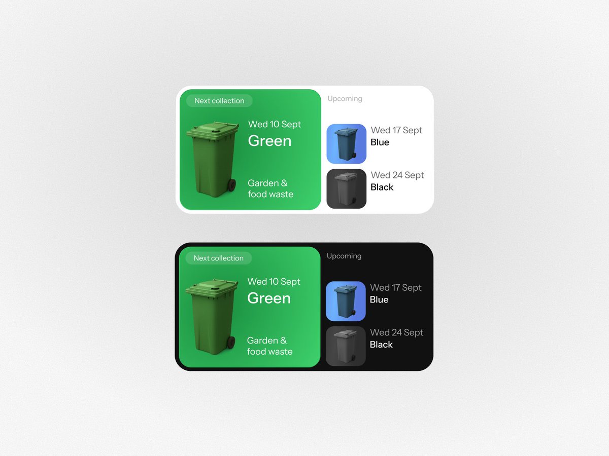siimonfairhurst's tweet photo. How many times have you put the wrong bin out? 🗑️

Day 3 of #WhatIfUI. A little home screen widget that tells you exactly which bin is due and what's coming up next. Tiny idea, genuinely useful.

#UIDesign #WidgetDesign #WhatIfUI #MobileUI https://t.co/uLkiXyIc6e