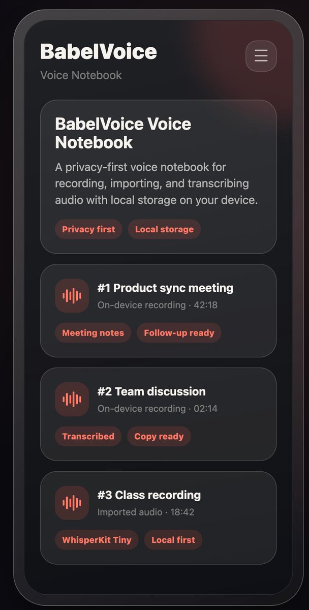 wispblock's tweet photo. BabelVoice Private Voice Notebook

Record locally, import audio, and turn speech into text in one tap. BabelVoice is a local transcription app where recordings, voice audio, and transcripts stay on your device by default.

https://t.co/eYI6N4s7Td https://t.co/nUH1QkTAhs