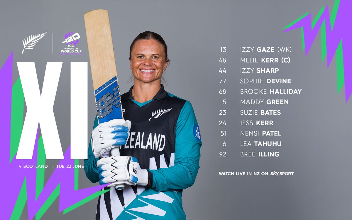 WHITE_FERNS's tweet photo. A toss win for Captain Kerr who elects to bowl first in Bristol 🤝 

Lea Tahuhu comes into the XI for Rosemary Mair who has a minor rib injury, Sophie Devine returns from illness in Southampton, and Suzie Bates comes in for Georgia Plimmer.

📸 Getty | #T20WorldCup #NZvSCO https://t.co/8ZNWZfz3rX