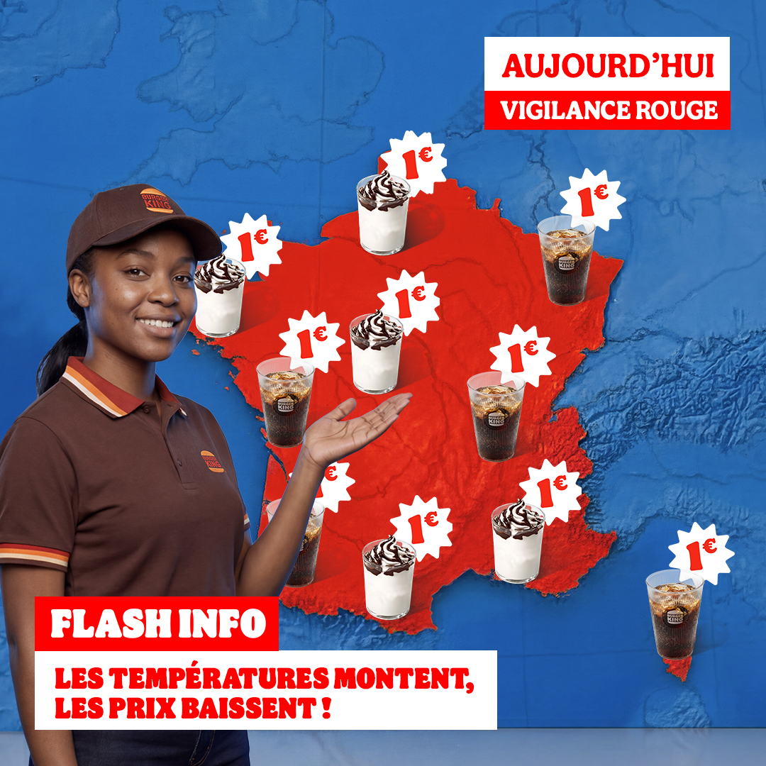 BurgerKingFR's tweet photo. FLASH INFO CANICULE :
Cette semaine, si un département est en vigilance orange = sundae ou moyenne boisson à 1,50€ pour toute la France.
Et si un passe en rouge = on les passe même à 1€. https://t.co/YgWoxfIx1i