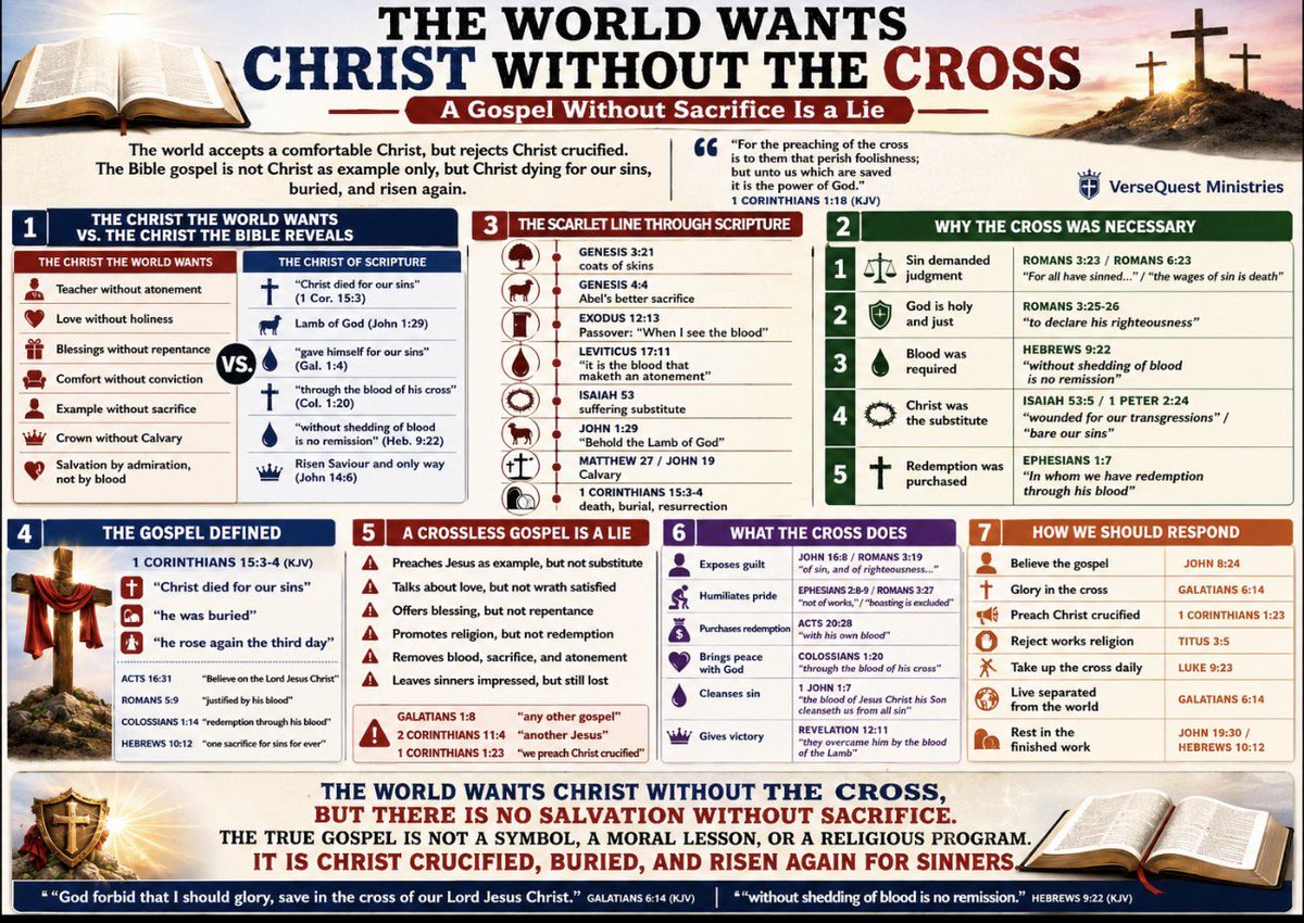 TNTJohn1717's tweet photo. 🚨‼️This chart exposes the world’s false idea of wanting Christ without Calvary. The Bible gospel is not a moral lesson, religious program, or comfortable message—it is Christ crucified, buried, and risen again for sinners. Without the cross, the blood, and the sacrifice, there is no salvation.