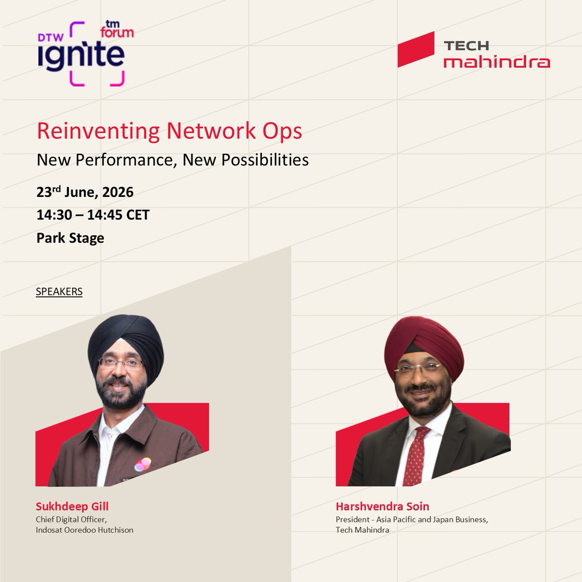 tech_mahindra's tweet photo. As #telecom networks evolve in an AI-driven world, autonomous operations are redefining how they perform, adapt and scale.

At DTW Ignite Copenhagen 2026, Tech Mahindra and IOH will explore how intelligent network operations are unlocking new levels of agility, efficiency and performance. The session will highlight how #AI-led #automation is enabling more adaptive, resilient and self-evolving network ecosystems.

Reinventing Network Ops is unlocking new levels of performance and new possibilities, as organizations look to modernize their network operations for a more intelligent, agile future. In this session, Harshvendra Soin, President - Asia Pacific and Japan Business at Tech Mahindra, and Sukhdeep Gill, Chief Digital Officer at Indosat Ooredoo Hutchison, will share their perspectives on how transformation, digital innovation, and next-generation network strategies are reshaping operational excellence and driving measurable business outcomes.

📅 23 June 2026 | 2:30 – 2:45 PM CET

Alongside the session, join us at our booth to experience how autonomous networks, AI-powered delivery and composable platforms are shaping next-generation telecom operations.

📍 Booth #205 | 23–25 June 2026

🔗 Learn more: https://t.co/irTyK8wuB0

#ScaleAtSpeed #TechMAtDTW26 #DTWIgnite #NetworkTransformation