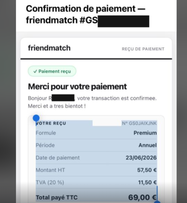 SignalArnaques's tweet photo. Vous recevez une "confirmation de paiement" de FriendMatch (éventuellement avec votre RIB) ? 
C'est la dernière version de l'arnaque à la fausse confirmation d'abonnement. L'arnaque semble très active depuis ce matin sur Signal Arnaques🔽 https://t.co/lmrCamLgb9