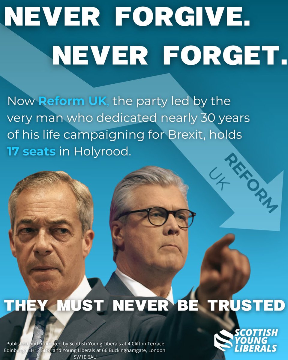 ScotYoungLibs's tweet photo. ➡️🤥 Now Reform, a party led by the very man who sold Britain the Brexit scam, holds 17 seats in the Scottish Parliament.

They must not be trusted. https://t.co/PbGtJytRS4