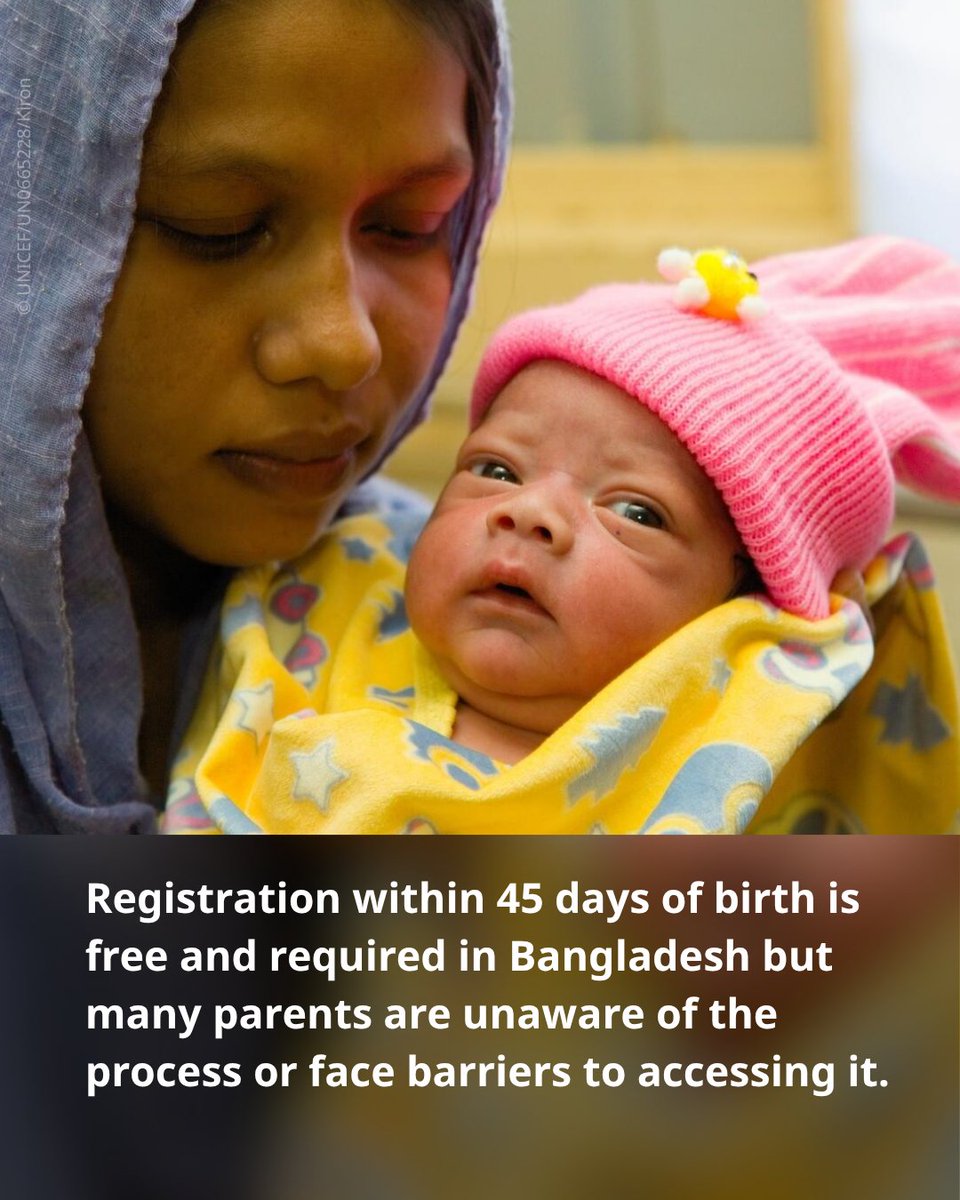 UNICEFBD's tweet photo. A birth certificate protects children’s rights and enables them to access essential services like healthcare, education, and social protection.

Yet 41% of children under five in Bangladesh remain unregistered, meaning they may be invisible in official systems. https://t.co/WvF7KEfb9Z