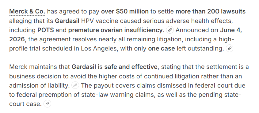 JamieAA_Again's tweet photo. MERCK agreed to payout $50 Million to more than 200 lawsuits of damages caused by their HPV Vaccine. 

They write these types of costs into Vaccine development and payout as hush money in out of court settlements so they can keep their dangerous drugs on the market. https://t.co/7Eurvh6T6U