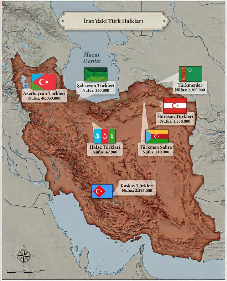 ozzie8811's tweet photo. 🇮🇷 Iran will be fully Turk owned soon, and Persians know it.

🇦🇿Azerbaijan Turks   - 35M
🇹🇷Qashqai                    - 2.6M
🇹🇲Turkmen                  - 2.3M
🇹🇷Khorasan Turks     -1.55M
🇹🇷Afshar Turks           -300k
🇦🇿Shahsevan             -330k
🇹🇲Turkmen Sahra    -210k
🇦🇿Karapapakh           -100k
🇹🇷Khalaj                       -48k

Plus other smaller Oghuz tribal remnants totalling 100k

Note: These flags are not tribal or ethnic flags.   X does not support the historical flags of these Turkic groups, so I used the closest major modern flags that represent their broader Oghuz/Turkic identity (🇦🇿 🇹🇷 🇹🇲). This is only for visual clarity, not a political statement.
