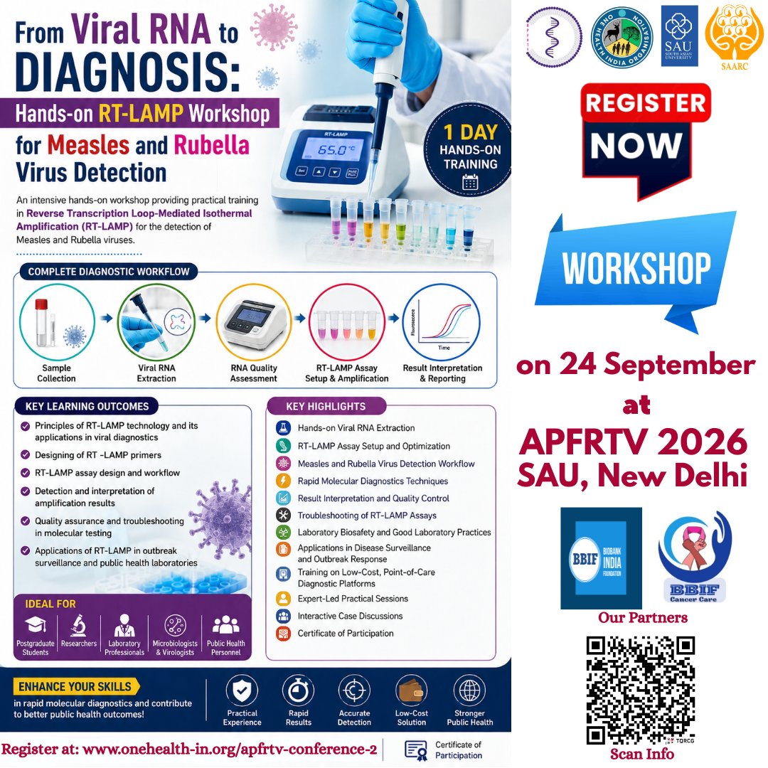 onehealth55's tweet photo. From Viral RNA to Diagnosis: Hands-on RT-LAMP Workshop. Date: 24 September 2026. Venue: South Asian University, New Delhi. Register at: https://t.co/A1fiCDKwsG
#rt_lamp #diagnostics #measles #rubella #molecularbiology #handsonworkshop https://t.co/TfFjpTUTRS
