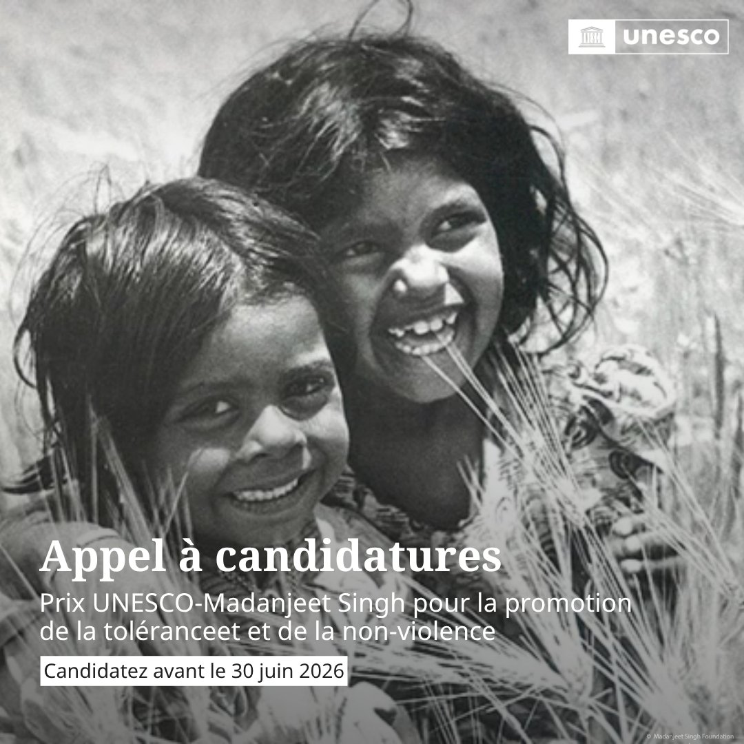 UNESCO_fr's tweet photo. Le Prix @UNESCO_fr-Madanjeet Singh récompense des initiatives qui font progresser la tolérance, le dialogue et la non-violence dans le monde entier.

🗓️ Date limite prolongée — candidatez dès maintenant jusqu'au 30 juin 2026 : https://t.co/D2OzH6v9Xp

Photo : © Fondation Madanjeet Singh