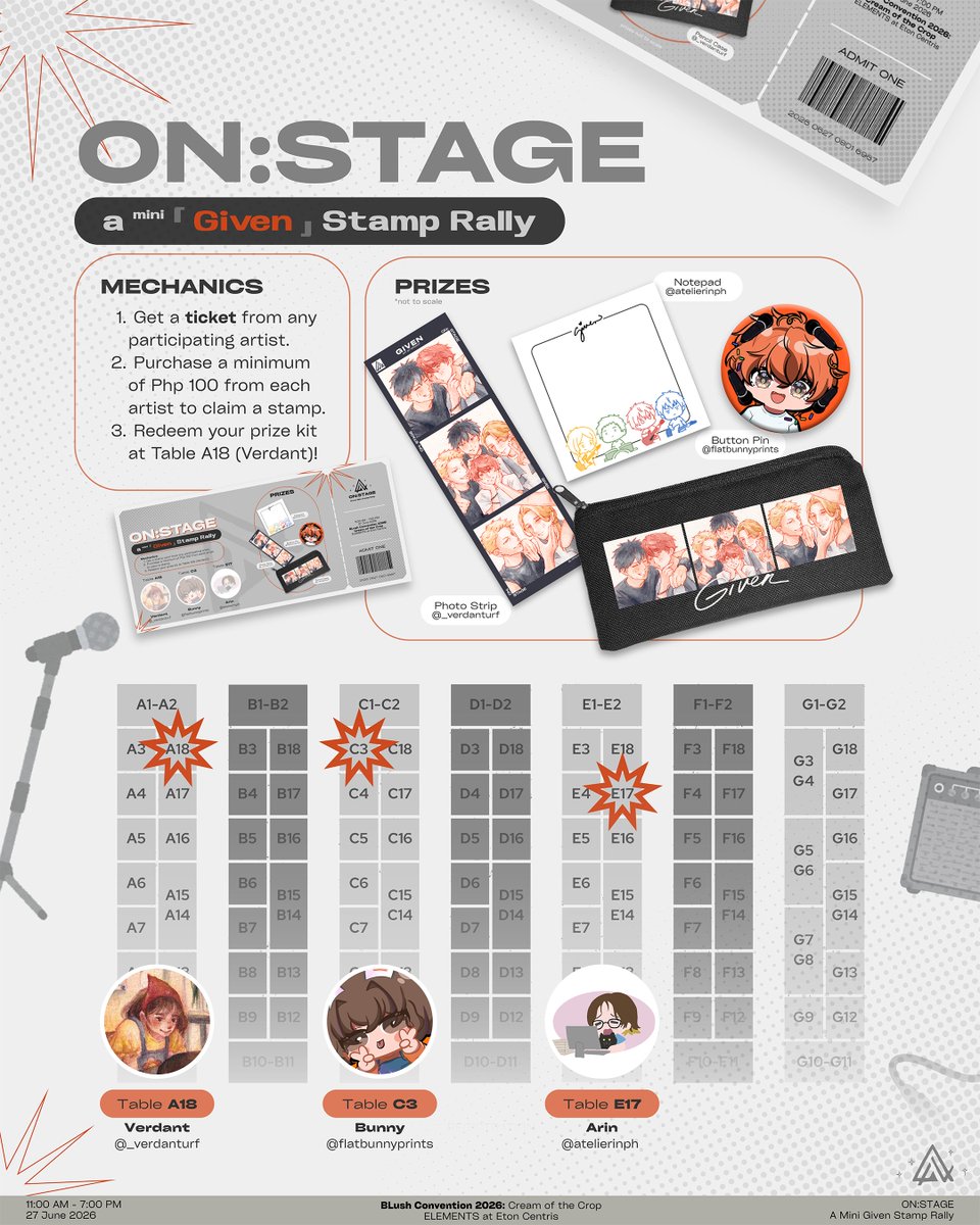 _verdanturf's tweet photo. [ON: Stage] a mini Given Stamp Rally for #BLushCon2026

🎸 Get a ticket from any artist
🎸 Spend ₱100 per artist
🎁 Redeem your prize at A18

Join &amp; get exclusive prizes from our artists!
A18 @_verdanturf 
C3 @flatbunnyprints 
E17 @atelierinph

See you on stage 🤍! @BlushCon https://t.co/jycDBrYYGR