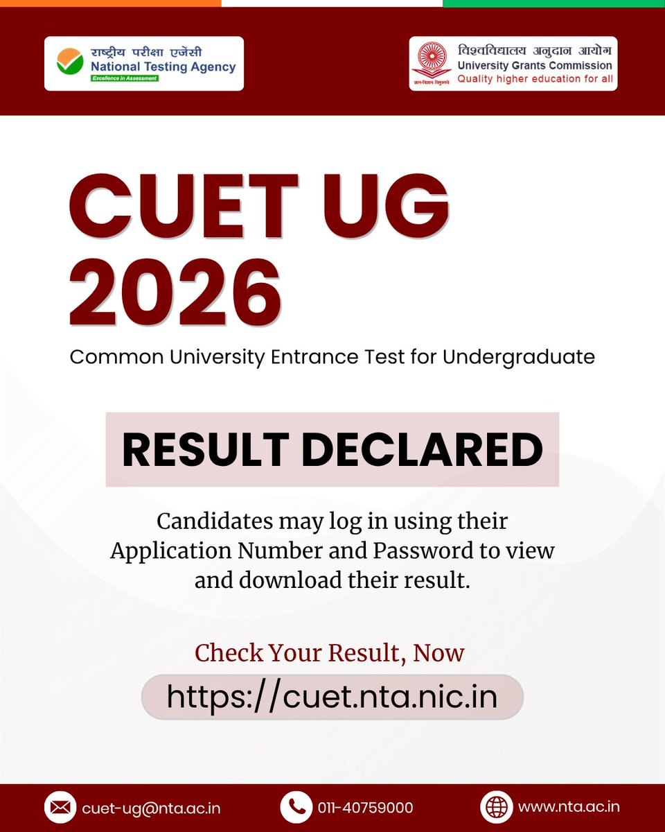 NTA_Exams's tweet photo. The wait is over. CUET (UG) 2026 results are now available.

Students can access their scorecard by logging in through the official CUET website using their credentials.

#NTA #NTAUpdate #NTAExams #CUET2026 #StudentUpdate https://t.co/iBaTiB9jyr