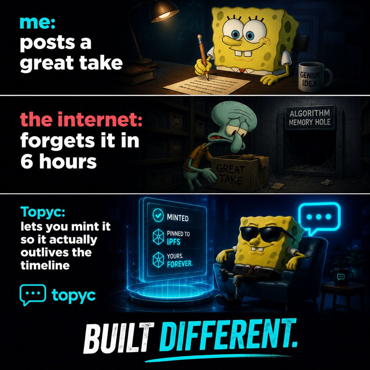 TopycTeam's tweet photo. me: posts a great take
the internet: forgets it in 6 hours

Topyc: lets you mint it so it actually outlives the timeline

built different

Gm believers https://t.co/QnZR8dua8A