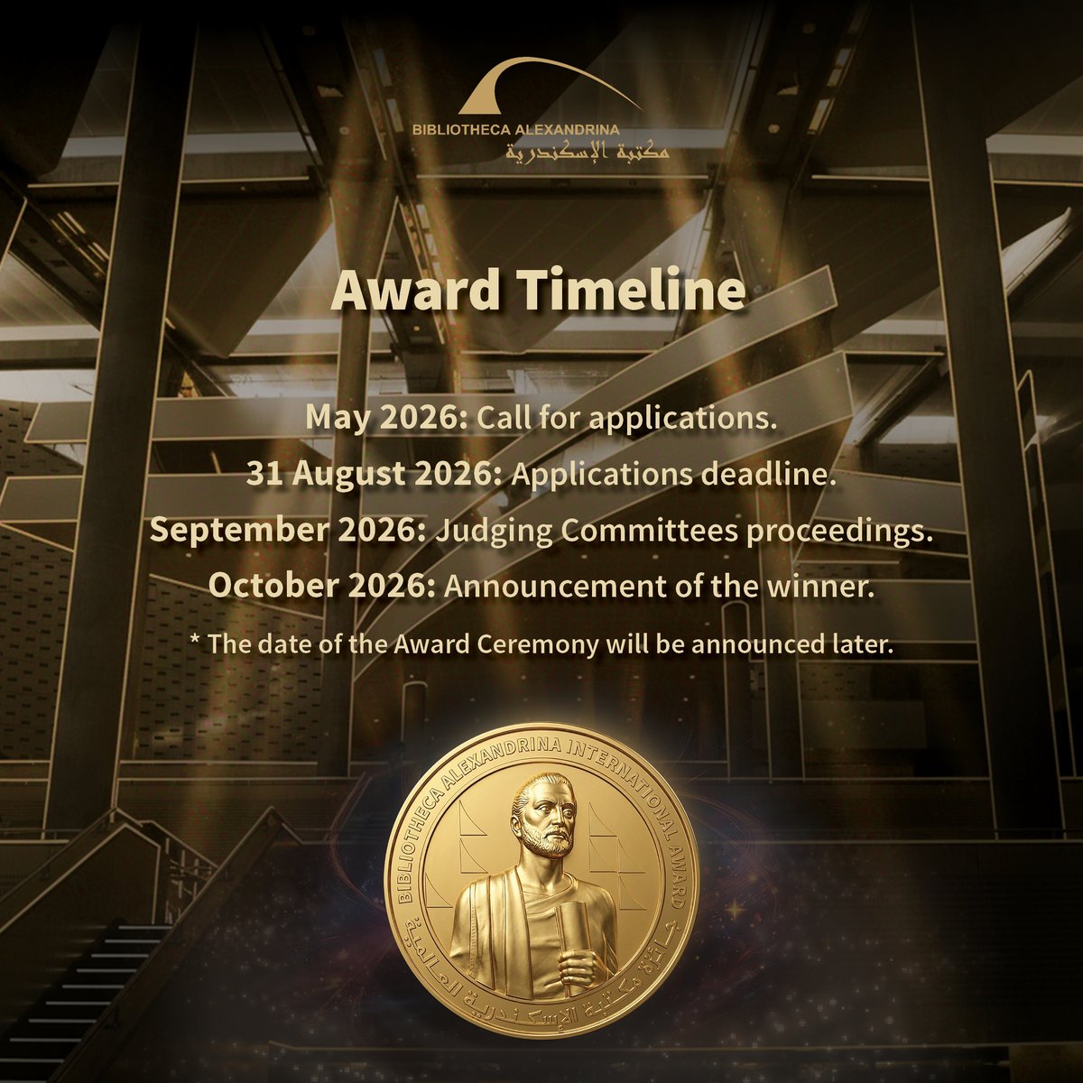 bibalexOfficial's tweet photo. Register now!
Be among the participants in the 2026 Bibliotheca Alexandrina International Award, which celebrates innovative ideas and outstanding scientific achievements.
Registration deadline is 31 August 2026.
For registration:
https://t.co/0Tr4Lwwv6W
#BibliothecaAlexandrina https://t.co/0ZpT7Szv3t