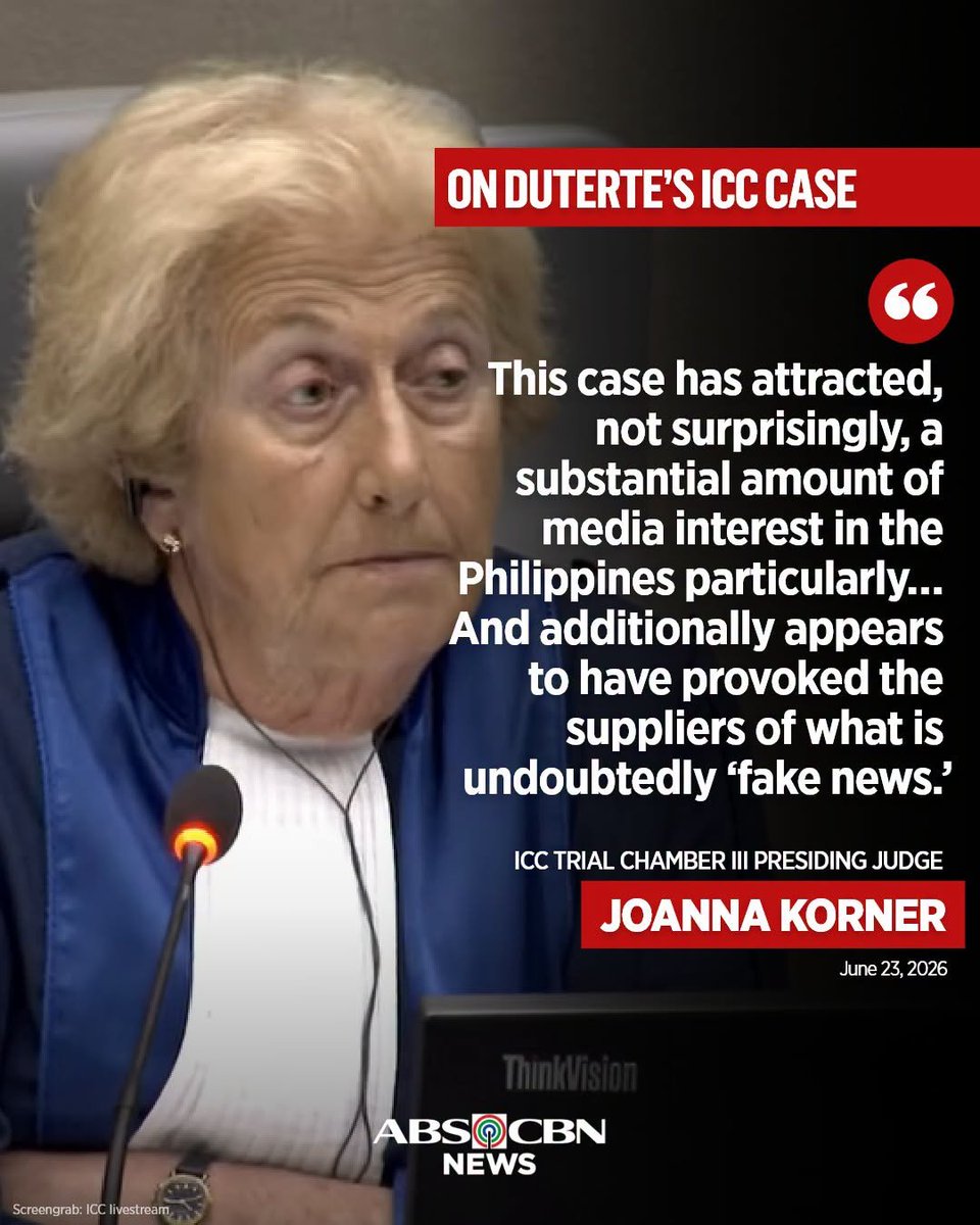 ABSCBNNews's tweet photo. Binigyang pansin ni ICC trial chamber III presiding judge Joanna Korner na naging laman ng balita sa Pilipinas ang kaso ni dating pangulong Rodrigo Duterte, at kasabay nito ang pagkalat din aniya ng "fake news." #DuterteInICC https://t.co/GRKTubt38B
