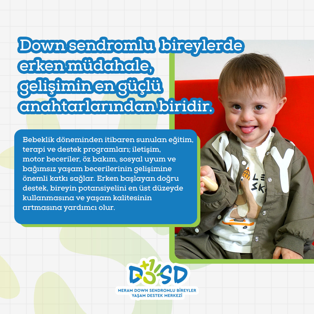 dosdmeram's tweet photo. Down sendromlu bireylerde erken müdahale, gelişimin en güçlü anahtarlarından biridir. 💙

Bebeklik döneminden itibaren sunulan eğitim, terapi ve destek programları; iletişim, motor beceriler, öz bakım, sosyal uyum ve bağımsız yaşam becerilerinin gelişimine önemli katkı sağlar. Erken başlayan doğru destek, bireyin potansiyelini en üst düzeyde kullanmasına ve yaşam kalitesinin artmasına yardımcı olur.

DOSD Meram’da uygulanan erken müdahale programlarıyla, bireylerin gelişimsel ihtiyaçları erken dönemde desteklenerek güçlü bir gelecek için sağlam temeller oluşturulmaktadır.
