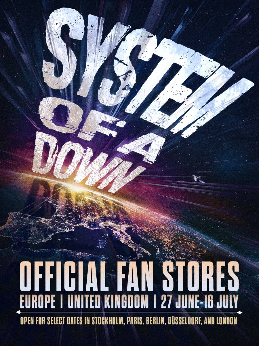 systemofadown's tweet photo. Stockholm. Paris. Berlin. Düsseldorf. London.

Shop exclusive merch only available at our official fan stores, including  @hummel1923 city-specific jerseys, track jackets, Toxicity vinyl variants, and more.

Walk ins are welcome. You can also RSVP at https://t.co/FrFveIN89q to secure a dedicated time slot for a quicker experience. 

🇸🇪 STOCKHOLM
27 June - 30 June
Vasagatan 11, 111 20
10:00–20:00