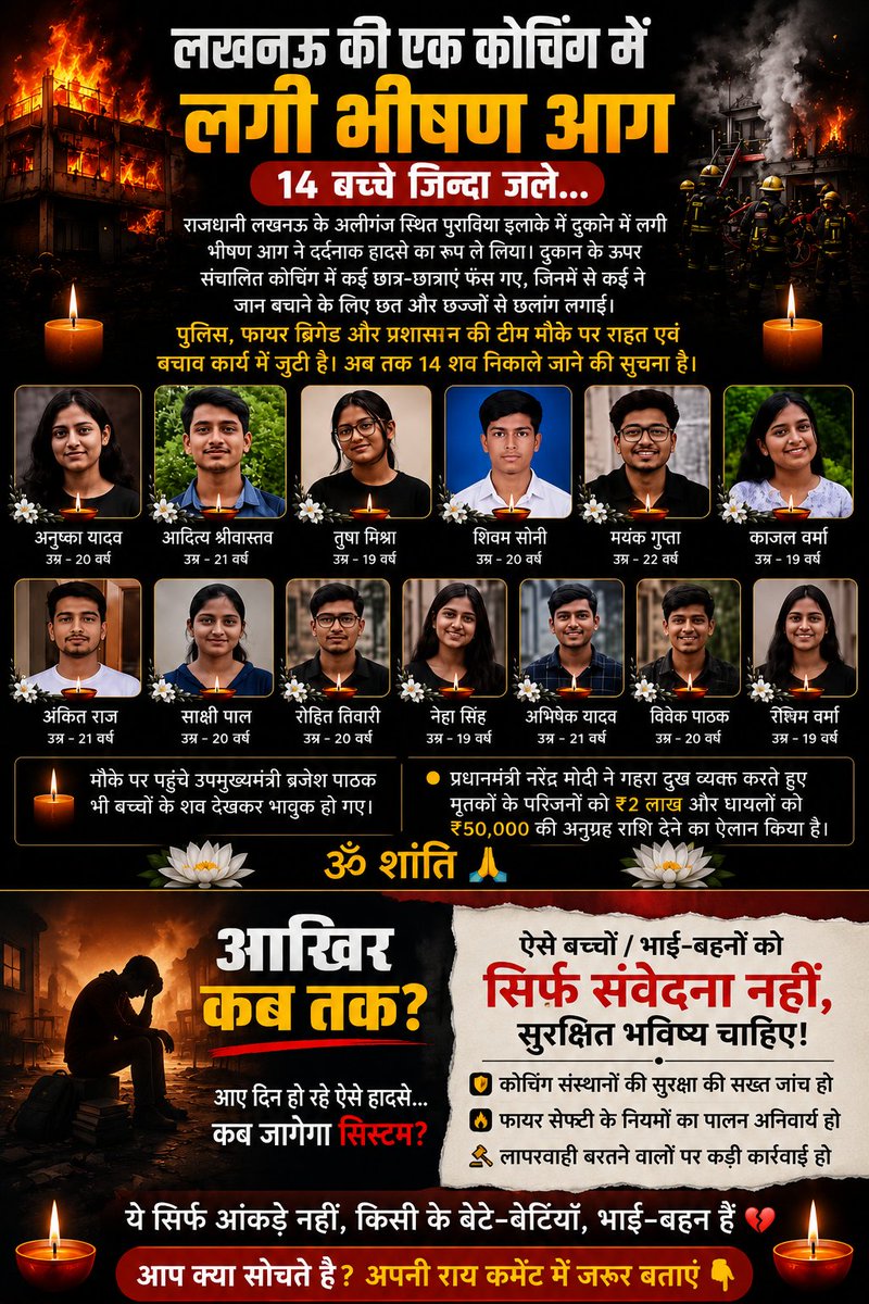 PrakashExplains's tweet photo. 💔 पढ़ने गए थे, वापस नहीं लौटे...

लखनऊ की इस दुखद घटना ने पूरे देश को झकझोर दिया।

ये सिर्फ आंकड़े नहीं थे,
किसी के बेटे-बेटियां, भाई-बहन और सपने थे।

दिवंगत आत्माओं को भावपूर्ण श्रद्धांजलि। 🕯️🙏

#Lucknow #LucknowFire #Students #library #bpsc #ssc https://t.co/yUVGUicOJD