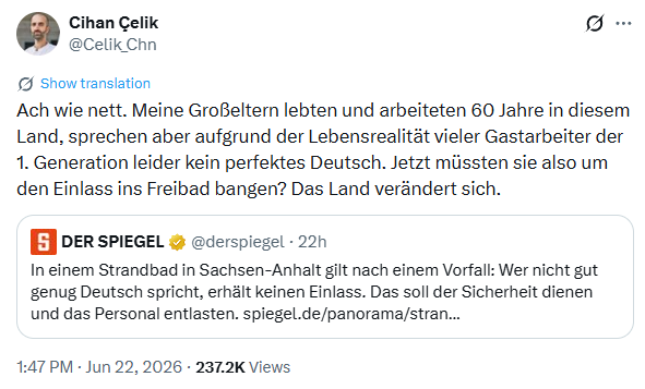 Sprachlos12's tweet photo. Bei dem "Freibad" handelt es sich um ein Naturbad / See mit Strömung und Untiefen bis 13 Meter.

Aber was interessieren @Celik_Chn schon Fakten?

Er wäre der erste der schreit, wenn seine Großeltern ertrinken, weil sie die Anweisung der Rettungsschwimmer nicht verstanden haben. https://t.co/38fz11dHf6
