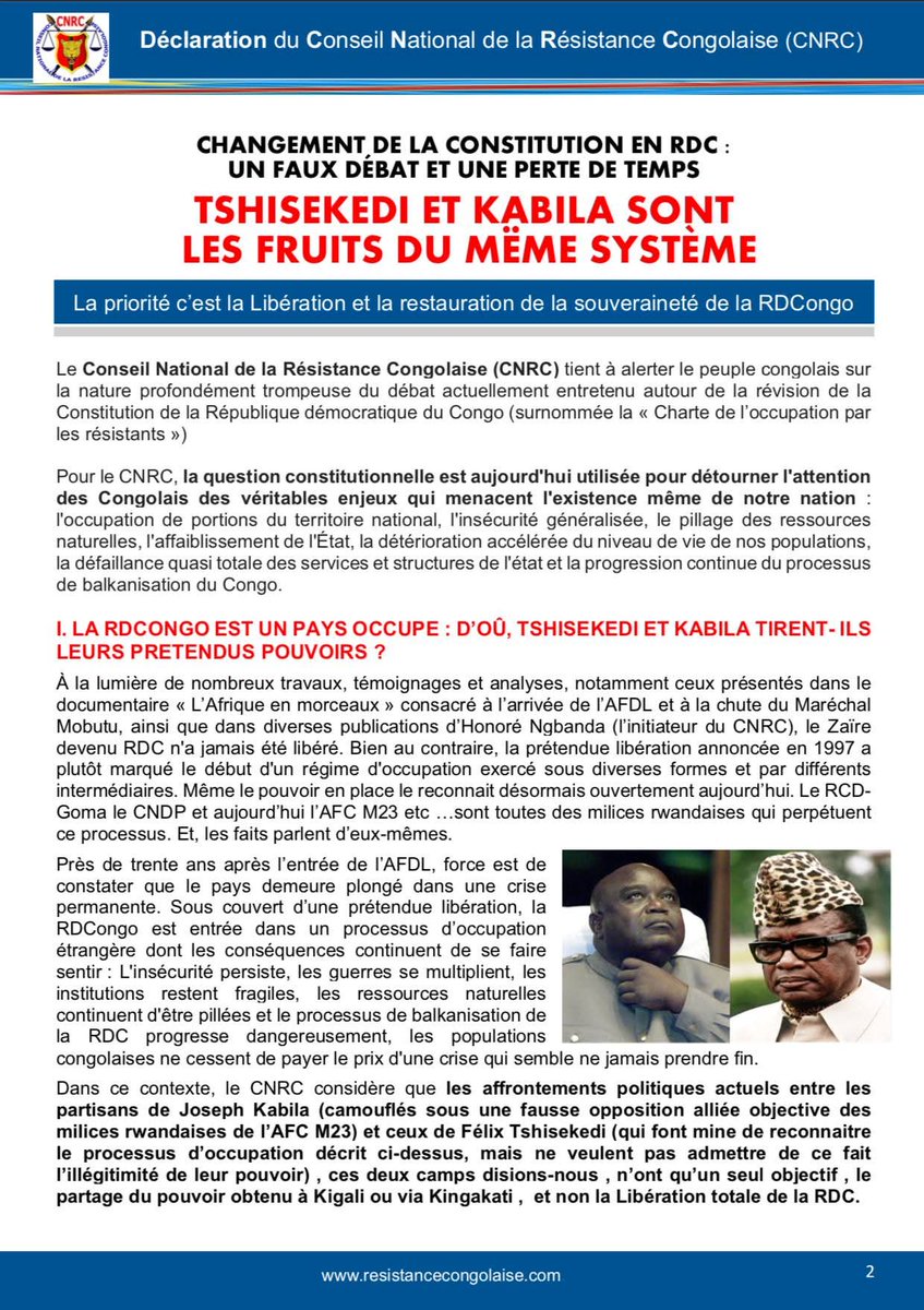 CandideOkeke's tweet photo. ⛔️Déclaration du Conseil national de la Résistance Congolaise (CNRC) #Constitutiondelardc #CNRC #RDC 
====================
- Felix Tshisekedi et Joseph Kabila sont les fruits du même système. La RDC est un pays occupé.  Ils ne sont pas légitimes ils doivent tous partir.
- Débat sur le changement de la Constitution est une distraction dans le contexte actuel.  La priorité c’est d’abord la libération totale de la RDC et la fin des entraves à la souveraineté de la RDC.
@actualitecd @amluzayamo @DofKongo @DuniaSendwe @fortifiLushima5 @KiengeKki @JolItuka3 @KimKimuntu @JPSTUK @Ljudps @filimbi243 @luchaRDC @7sur7_cd @CASINFO_RDC @tokwauluaena2