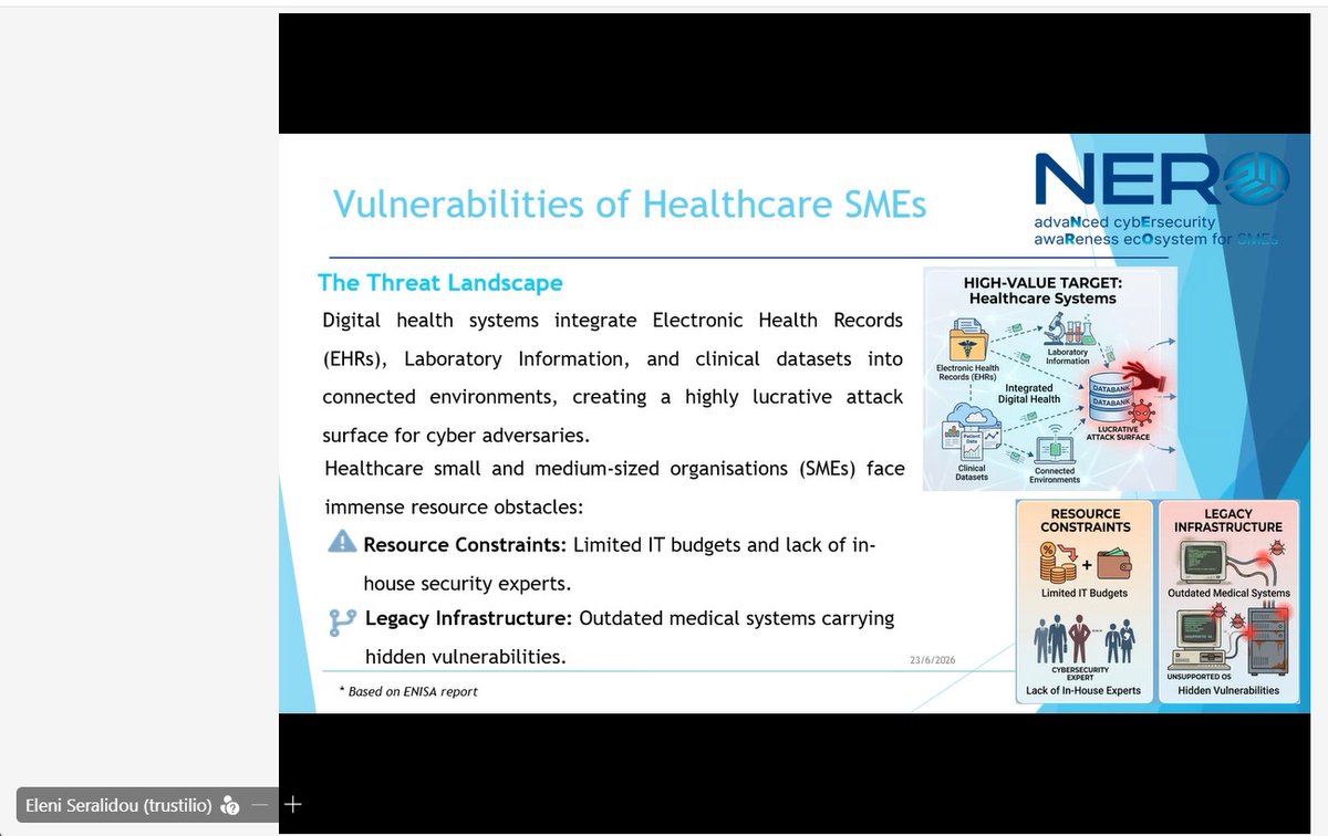 NEROcybersec's tweet photo. 📣 Now let’s hear from Eleni Seralidou from @trustilio at the NERO & NCC-CY Webinar!
🏥 Discover how NERO Applied Solutions are strengthening #Cybersecurity in the #Healthcare sector.
🔐 A practical #UseCase focusing on protecting sensitive patient data through real-world scenarios and a holistic #Security approach—covering both technical safeguards and the #HumanFactor.
💡 What’s in it for #SMEs in healthcare?
✔ Access to up-to-date cybersecurity tools and support
✔ Holistic, end-to-end protection
✔ Stronger human and organisational resilience
✔ Security-by-design solutions via the #NEROMarketplace
🧠 From securing healthcare networks to building practical defence strategies, this use case shows how cybersecurity can be applied in real operational environments.
👉 Discover different #CybersecuritySolutions on the #NEROMarketpalce
🔗 https://t.co/rSTkCKYisZ