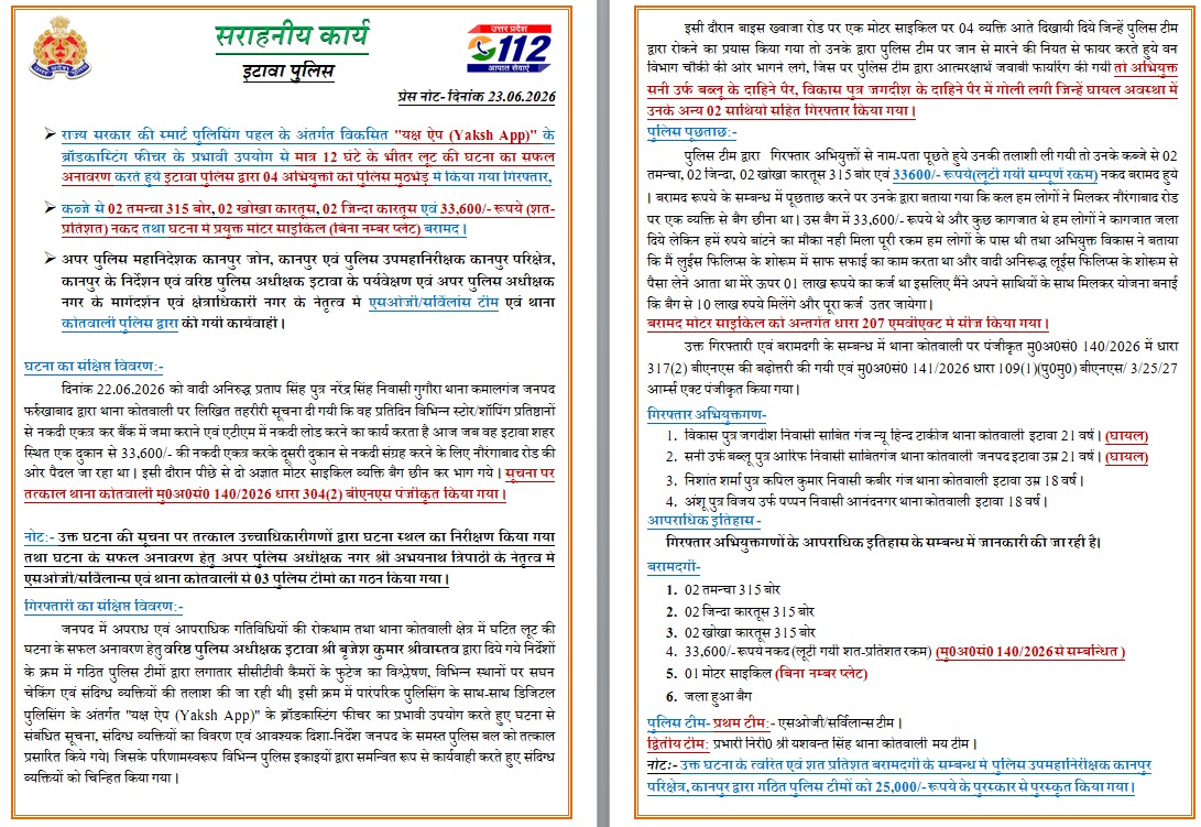 etawahpolice's tweet photo. #Etawahpolice
#Goodwork
मात्र 12 घंटे के भीतर लूट की घटना का सफल अनावरण करते हुये इटावा पुलिस द्वारा 04 अभियुक्तों को पुलिस मुठभेड़ में किया गया गिरफ्तार, 
SSP इटावा के निर्देशन में एसओजी/सर्विलान्स टीम एवं थाना कोतवाली पुलिस द्वारा की गयी कार्यवाही । https://t.co/pbo6jYxUJN