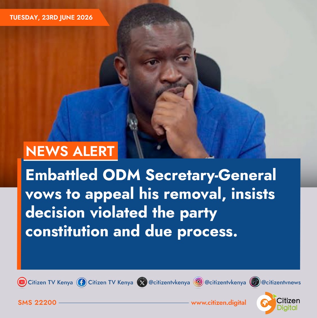 citizentvkenya's tweet photo. Embattled ODM Secretary-General vows to appeal his removal, insists decision violated the party constitution and due process. https://t.co/RAYSRrLyEP