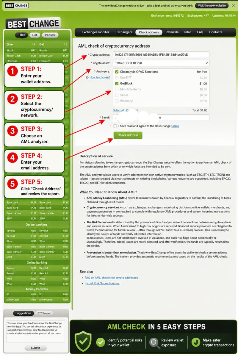 CoarchabbaWeb3's tweet photo. How It Works

Step-by-step:
1️⃣ Visit https://t.co/41oqDI3sDg
2️⃣ Enter wallet address
3️⃣ Select cryptocurrency
4️⃣ Choose an AML analyzer
5️⃣ Submit the check
6️⃣ Review the report sent to your email
Hoto: Screenshot ɗinka + arrows da numbering https://t.co/QlugThptwF