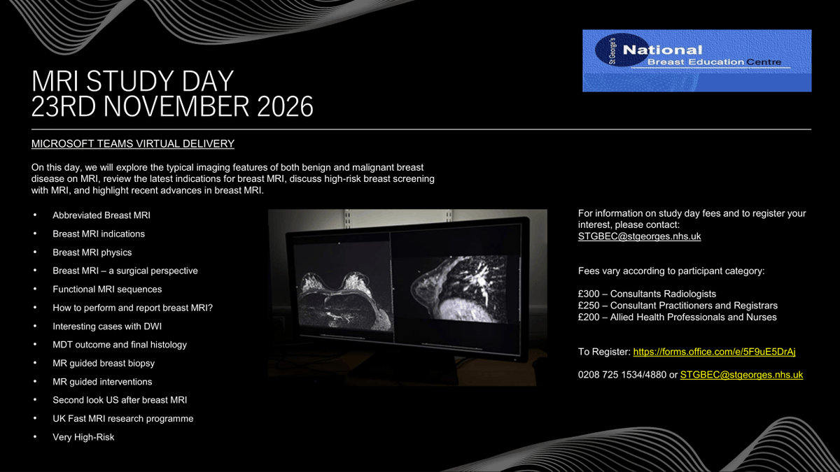 STGBEC's tweet photo. Are you looking to develop your Breast MRI knowledge and skills?

Join us for our Breast MRI Study Day on 23 November 2026

To register for this study day, please complete the application form via the following link: https://t.co/2Dho7H1uKp

#BreastMRI #CPD #RadiologyEducation https://t.co/CjKXOCY0v1
