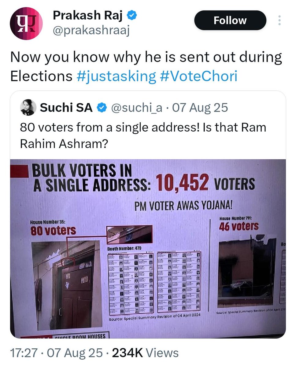 erbmjha's tweet photo. Prakash Raj who was amplifying this fake news has 3 Voter IDs in Karnataka, TN &amp; Telangana.

Court has issued a Non-bailable warrant against him after he skipped summons.

Reason why he was opposing SIR, backing Rahul &amp; Mamata Bano. https://t.co/aPqphmkWmc