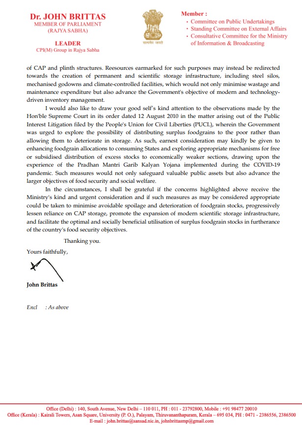 JohnBrittas's tweet photo. Why should foodgrains rot in the open when millions struggle for two square meals a day? 
Wrote to Union Minister @JoshiPralhad  urging immediate steps to prevent spoilage of FCI stocks and seeking FREE distribution of surplus foodgrains to poor and vulnerable families, in keeping with the Supreme Court's 2010 observations, instead of being allowed to deteriorate in CAP/open storage exposed to rain and humidity. 
Also called for a phased end to CAP/open storage of foodgrains by FCI and rapid expansion of modern warehouses and silos.