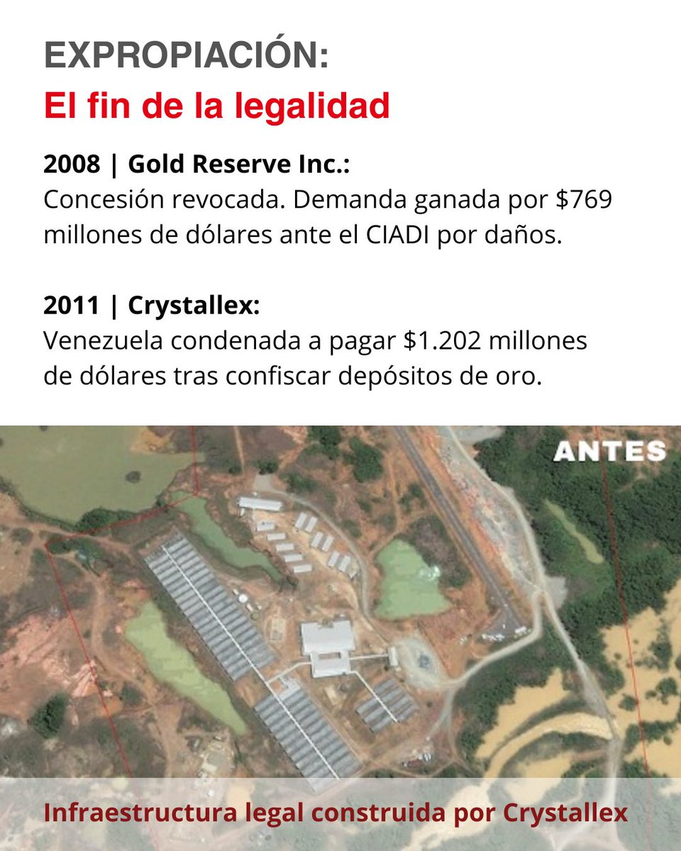 SOSOrinoco's tweet photo. 🚨 EL LEGADO DE LAS EXPROPIACIONES

La destrucción de la Amazonía venezolana no fue un accidente. La expulsión de empresas formales eliminó controles ambientales, estudios de impacto y mecanismos de supervisión, dejando el camino libre para la expansión de la minería ilegal.

Con la creación del Arco Minero del Orinoco en 2016, grupos armados y redes criminales pasaron a controlar amplias zonas mineras mediante violencia y extorsión.

Las consecuencias son evidentes:
🧪 Contaminación por mercurio en ríos y comunidades indígenas.
🏚️ Tragedias humanas como el colapso de Bulla Loca.
💸 Beneficios concentrados en élites y grupos armados, mientras el país asume los costos ambientales y sociales.

Las imágenes satelitales muestran la transformación: de áreas con infraestructura y controles a territorios marcados por la deforestación y el caos.

🔗 Conoce más en el enlace de nuestra bio.