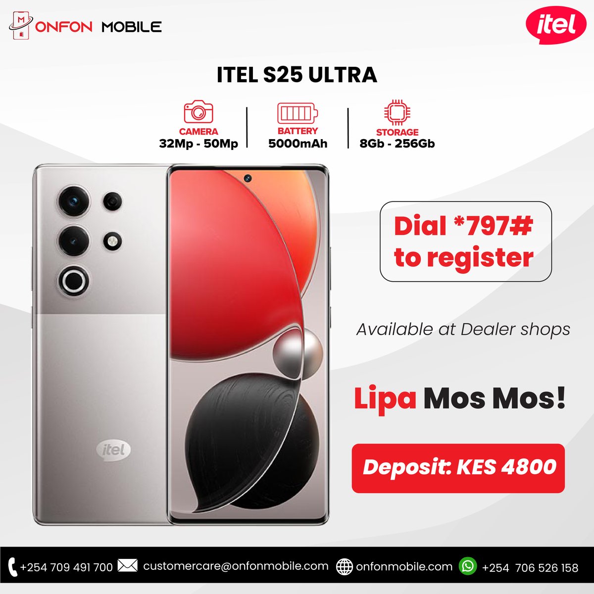 Onfonmobile's tweet photo. Meet the ITEL S25 Ultra, the smartphone that blends power, style, and performance. With a 50MP camera, 5000mAh battery, and 256GB storage, it is built to keep up with your world. Own it today with a deposit of KES 4800 through Lipa Mos Mos. Dial *797# to register. https://t.co/feoGPGqXoN