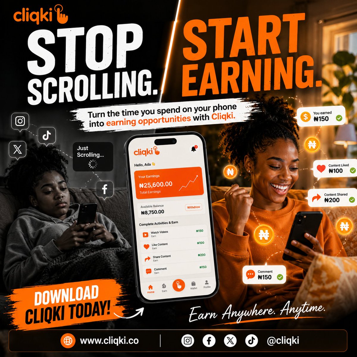 cliqki's tweet photo. You're already scrolling... you might was well just get paid for it.
All you have to do is come online and engage with the content they post on Cliqki, and you get paid instantly.

#cliqki #makemoneyonline #earnfromphone #workfromhome #passiveincome https://t.co/rzHF67t7hl