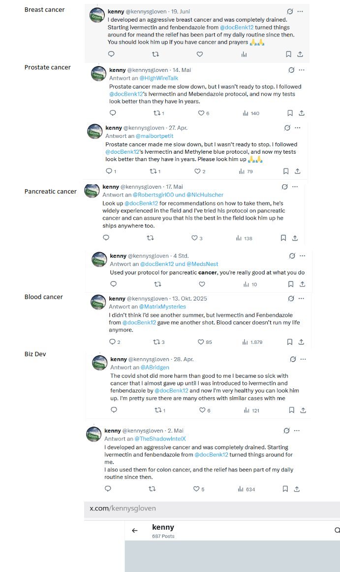 paper_pritt's tweet photo. Be careful when it comes to the fanboys. This guy
@kennysgloven
appears to claim he personally had pancreatic, blood, breast, prostate and colon cancer — all apparently responding to the same protocol of
@docBenk12
. Did he really have all of these diagnoses? Or is he a promoter, affiliate, or simply a paid fanboy of DocBenk12? The timeline and the number of cancers don't seem to add up.