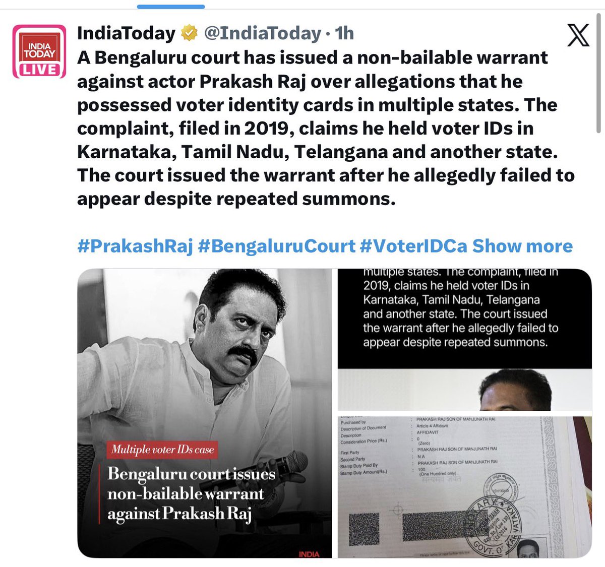 FabulasGuy's tweet photo. LKFC was defending @prakashraaj over the Bengaluru court summons.

But today, media is again reporting that a Bengaluru court has issued a warrant.

Both were hand in glove in spreading the Dharmasthala hoax against Hindus. https://t.co/hXAwUL5pw0