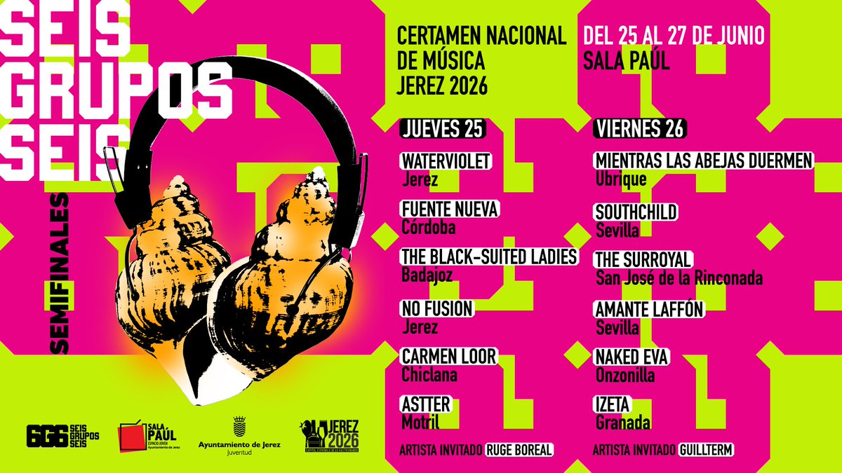 ciudadjerez's tweet photo. 🎵Juventud celebra  las semifinales y la gran final del Certamen Musical 6 Grupos 6

La Sala Paúl acoge este jueves y viernes las actuaciones de los  grupos seleccionados por el jurado

Los seis semifinalistas  competirán el sábado en la Plaza del Banco en la gran final https://t.co/Q2WWP5wJYj