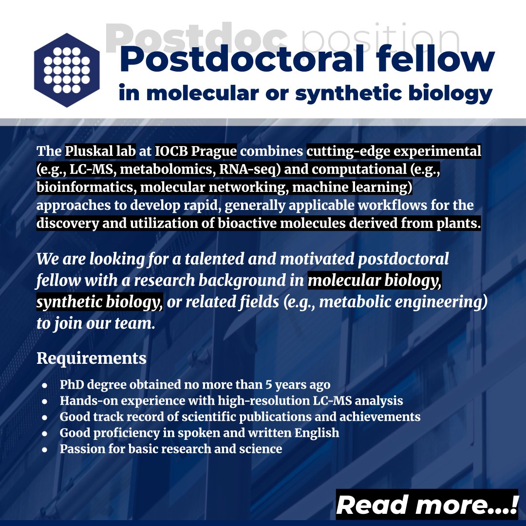 researchjobs_cz's tweet photo. An appealing #postdoc position available at @IOCBPrague
#Postdoctoral fellow in #molecular or #synthetic #biology
Read more: https://t.co/BQIxddxHYR
#ML #bioinformatics #LCMS #metabolomics #RNAseqencing #postdocjobs #Prague https://t.co/MkPj97OMVW