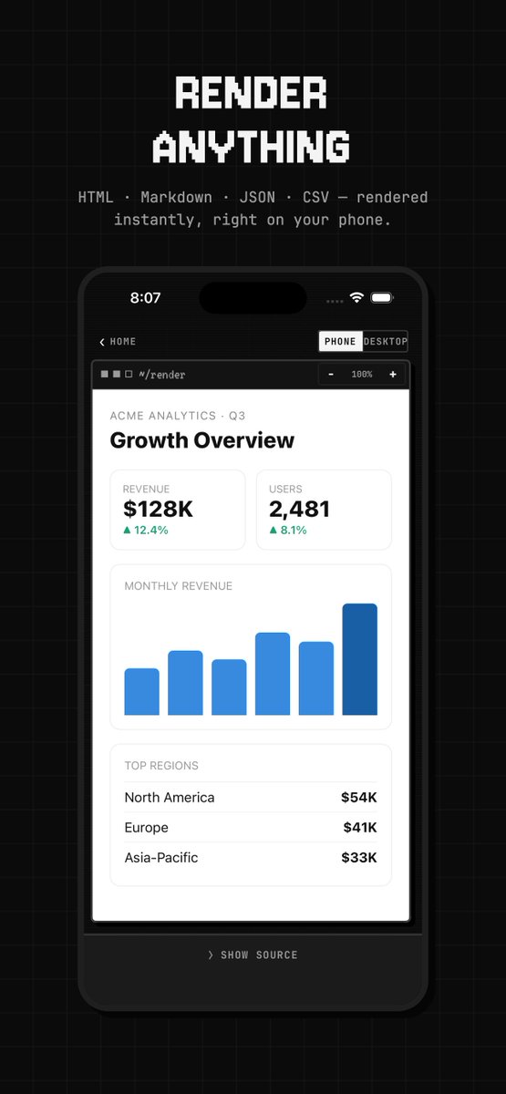 rishikakde08's tweet photo. ai gives you a beautiful html dashboard. you open it on your phone and it's unreadable.

got annoyed enough to build an app for it. share any html, md, json or csv and it actually renders.
Artifacto is live on the App Store 🚀

Paste or share any HTML, Markdown, JSON or CSV — it renders full-screen on your phone, instantly. A terminal for your artifacts.

https://t.co/DQuvrdw2MD