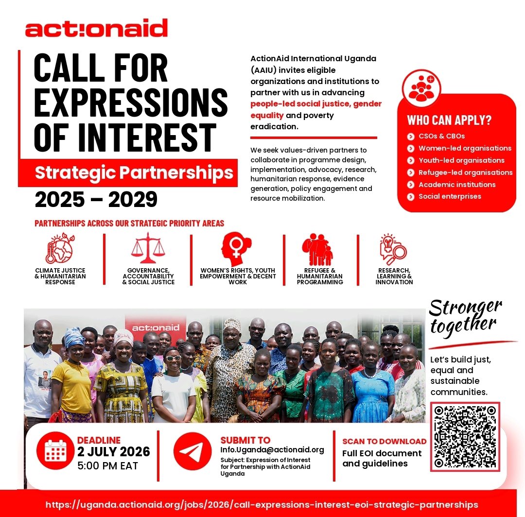 actionaiduganda's tweet photo. ActionAid International Uganda is inviting eligible organisations and institutions to submit Expressions of Interest for Strategic Partnerships 2025–2029. For more information click in the link below.

https://t.co/KNrVq4GkzO https://t.co/zrf5kLDyK1
