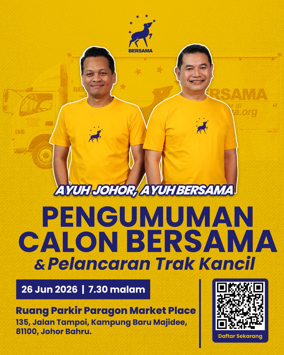 rafiziramli's tweet photo. 𝗪𝗛𝗬 𝗪𝗔𝗟𝗞 𝗔𝗟𝗢𝗡𝗘? 𝗕𝗘𝗖𝗔𝗨𝗦𝗘 𝗬𝗢𝗨 𝗡𝗘𝗩𝗘𝗥 𝗪𝗔𝗟𝗞 𝗔𝗟𝗢𝗡𝗘
𝗣𝗘𝗡𝗚𝗨𝗠𝗨𝗠𝗔𝗡 𝗖𝗔𝗟𝗢𝗡 𝗣𝗥𝗡 𝗝𝗢𝗛𝗢𝗥 & 𝗣𝗘𝗟𝗔𝗡𝗖𝗔𝗥𝗔𝗡 𝗧𝗥𝗔𝗞 𝗞𝗔𝗡𝗖𝗜𝗟

BERSAMA akan bertanding di 15 kerusi DUN dalam PRN Johor ini.

Kami akan bertanding solo dan takkan masuk atau bekerjasama dengan mana-mana gabungan. 

Kenapa walk alone? Tak takut hilang deposit ke?

Sebab BERSAMA hadir untuk memberi suara kepada rakyat biasa yang sudah muak dengan perebutan jawatan di antara gabungan politik, baik PH, BN atau PN. 

BERSAMA tidak hadir sebagai kenderaan untuk saya dan Nik Nazmi tunggang untuk dapat jawatan, kalau macam itu buat apa kami mengundur diri dari jawatan menteri dan mengosongkan kerusi parlimen kami.

Memang jalan lebih mudah untuk ahli politik ialah berada di dalam gabungan. 

Tetapi bila kami rasa pembawaan gabungan-gabungan ini sudah terpisah dari suara rakyat biasa kerana sibuk berebut siapa akan jadi Perdana Menteri, Menteri Besar - lebih baik kita mulakan platform baru yang boleh beri suara kepada orang biasa.

Sebab kami yakin, BERSAMA yakin, bila kita beri suara kepada orang biasa, walaupun kita masuk solo, walk alone, sebenarnya YOU NEVER WALK ALONE.

Akan ada rakyat biasa yang serasi dengan pembawaan ini dan akan membantu.

Untuk memastikan BERSAMA memberi suara kepada orang biasa, calon-calon yang dipilih juga mestilah majoriti dari kalangan orang biasa yang tidak pernah mendekati politik.

Terima kasih kepada 73 orang yang memohon menjadi calon BERSAMA dalam PRN ini. Sebahagiannya sangat berkelayakan dan berjawatan tinggi, sebahagiannya mewakili kumpulan masyarakat yang berbeza.

Dari 73 orang ini, setelah ditapis dan ditemu duga, 15 orang dipilih.

Mereka mewakili gambaran sebenar rakyat Malaysia.

Anak muda yang berusaha keras membina syarikat kecil dan kerjaya. 

Doktor yang terpaksa menukar kerjaya supaya isteri dapat meneruskan kerjaya sebagai doktor dan mengambil tanggung jawab mengimbangi keperluan keluarga.

Kumpulan profesional yang bekerja di syarikat besar sebelum mengusahakan syarikat sendiri. 

Kumpulan profesional yang masih bekerja dengan syarikat antarabangsa, bergaji besar tetapi sanggup turun padang menyahut seruan berkhidmat.

Sudah tentu penggiat dan aktivis masyarakat yang telah lama berkhidmat dalam komuniti masing-masing.

Peguam, arkitek, doktor, pengarah syarikat, pemilik perniagaan bila digabungkan dengan penggiat masyarakat - mereka adalah cerminan sebenar rakyat biasa yang bergelumang dengan pelbagai keputusan yang dibuat orang politik setiap hari.

Mereka akan diperkenalkan kepada pengundi Johor hari Jumaat ini.

Mereka tidak akan diraikan di atas pentas mahal atau acara gilang-gemilang yang menelan belanja jutaan ringgit.

Mereka akan naik pentas kecil atas sebuah trak kempen yang kami panggil Trak Kancil.

Saya jemput seberapa ramai pengundi Johor, ahli BERSAMA di Johor, ahli BERSAMA dari seluruh negara dan orang biasa untuk hadir di majlis pengumuman calon BERSAMA PRN Johor dan pelancaran Trak Kancil, seperti berikut:

Tarikh: 
Jumaat, 26 Jun 2026

Masa: 
Orang ramai dijangka mula hadir 730 malam

Tempat: 
Ruang Parkir Paragon Market Place
135, Jalan Tampoi
Kampung Melayu Majidee
Johor Bahru

Anda juga boleh dapatkan merchandise Kancil semasa pelancaran ini.

Bagi mereka yang ingin hadir secara fizikal untuk memberi sokongan, terutamanya kepada ahli BERSAMA dan penyokong dari seluruh negara, saya mohon sahkan kehadiran anda di https://t.co/6vXmDO7QDX

Klik Acara, pilih “Pengumuman Calon PRN Johor” atau imbas kod QR.

Majlis pengumuman calon ini juga akan disiarkan melalui platform digital di saluran saya pada malam itu.

Biodata calon-calon ini akan dikongsi dengan orang ramai di https://t.co/6vXmDO7QDX jam 10 malam hari Jumaat ini, setelah nama mereka diumumkan.

Saya tidak tahu ada orang yang akan hadir majlis pengumuman ini atau tidak. BERSAMA baru sebulan jagung, susah kita nak baca penerimaan rakyat.

Tetapi kalau perlu walk alone, kami akan tetap jalan bersendirian kerana lama-lama, lebih ramai akan mula berjalan BERSAMA kami.