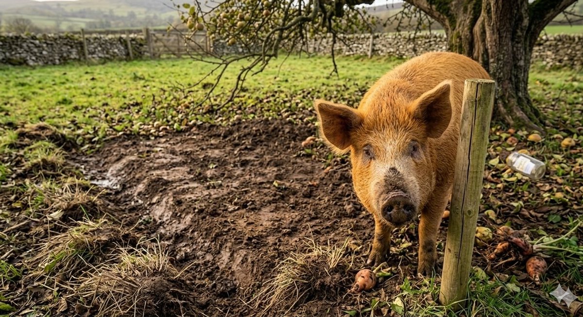 SamaHoole's tweet photo. Marged is a Tamworth gilt in Monmouthshire. Eighteen months old, eighty kilograms, ginger, and in possession of more opinions than most parish councils.

Start, as you must with any pig, at the nose. Marged carries something like eleven hundred working olfactory genes to your three hundred-odd, and reads the world roughly ten thousand times more vividly than you do.

Before she has properly opened her eyes she knows the wind has shifted, that a badger crossed the lower fence in the night, and that the farmer is having toast with marmalade rather than honey. She files all of it, then gets up and goes to find the apple she also smelled.

The apple is not incidental. There is a tired old Bramley at the edge of her paddock, and Marged has worked out a ripeness protocol for its windfalls more sophisticated than most commercial fruit buyers manage. She nudges the ones that are not ready and leaves them, returning in a few days when they are.

The farmer's wife bakes with what she can reach. Marged handles the rest. A tree, a baker and a pig, with an understanding none of them have ever written down.

She is, like all pigs, far cleverer than the people who eat them prefer to dwell on. She holds firm views on her water, the root vegetables that turn up on Thursdays, and the farmer's scheduling, all conveyed through grunts so precise the farmer's wife keeps a glossary.

Grunt 3 is "I am awake and this is your notification." Grunt 7 is "something is wrong or interesting, distinction unclear," and the day she aimed it at a fence post, the post turned out to have a crack in it. The farmer now checks whatever Grunt 7 is about. Marged is usually right.

What looks like a pig making a mess of a paddock is a pig doing the work of a drainage contractor for nothing. She took a waterlogged corner that had beaten six years and two consultants and turned it, in a single week, into open worked earth, clearing the couch grass nobody could shift because she wanted to eat it.

The wallow she has deepened since October keeps her cool, a pig having no way to sweat. It will fill with insects, and the insects will bring the swallows in May. None of which she intends, and all of which happens anyway.

She is ginger, and young, and entirely her own animal. When the time comes, her bacon will feed seven local households and keep a heritage line going a while longer, which is the whole quiet point of her.

Pigs are not what you have been told. Marged knows you are reading this. Marged does not require your attention.