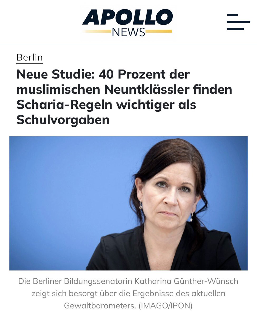 Georg_Pazderski's tweet photo. ALARMIERENDE ZAHLEN!

BERLIN: 40% der muslimischen Neuntklässler finden Scharia-Regeln wichtiger als Schulregeln.

Heute ist es jeder 2. und morgen kommt der Ruf nach Scharia und Kalifat.

Deutschland steht nicht nur vor dem wirtschaftlichen, sondern auch vor einem gesellschaftlichen Abgrund.

Der ISLAM mit seinem Absolutheitsanspruch will und wird sich nicht integrieren.